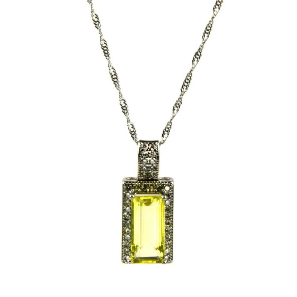 Silver Tone Necklace and Simulated Lemon Quartz Pendant w/Cubic Zirconia Accents